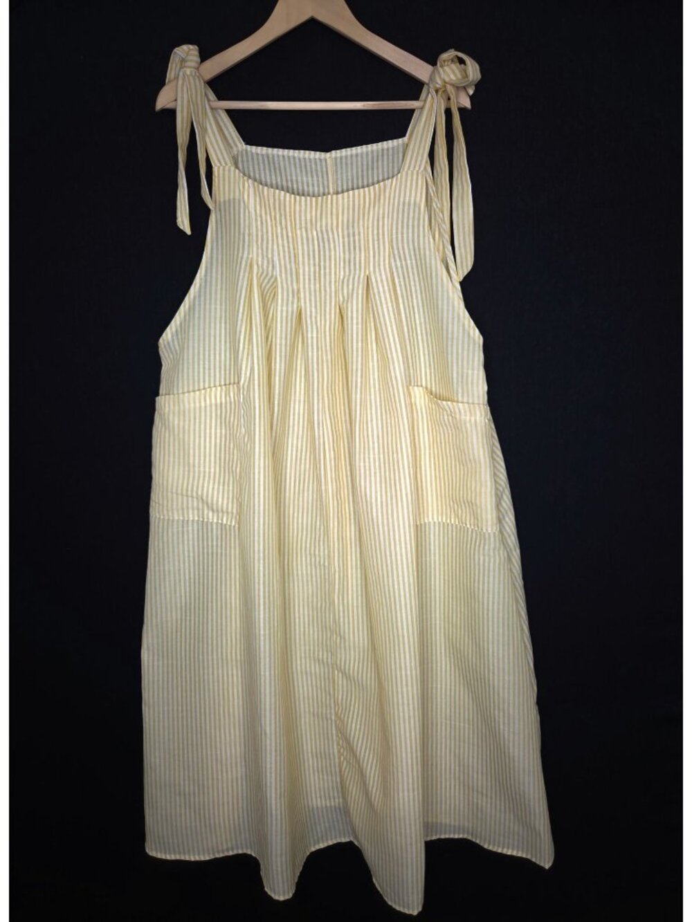 💙 Yellow White Pinstripe Midi Sundress Tie Shoulder Size XL Pockets Cottage